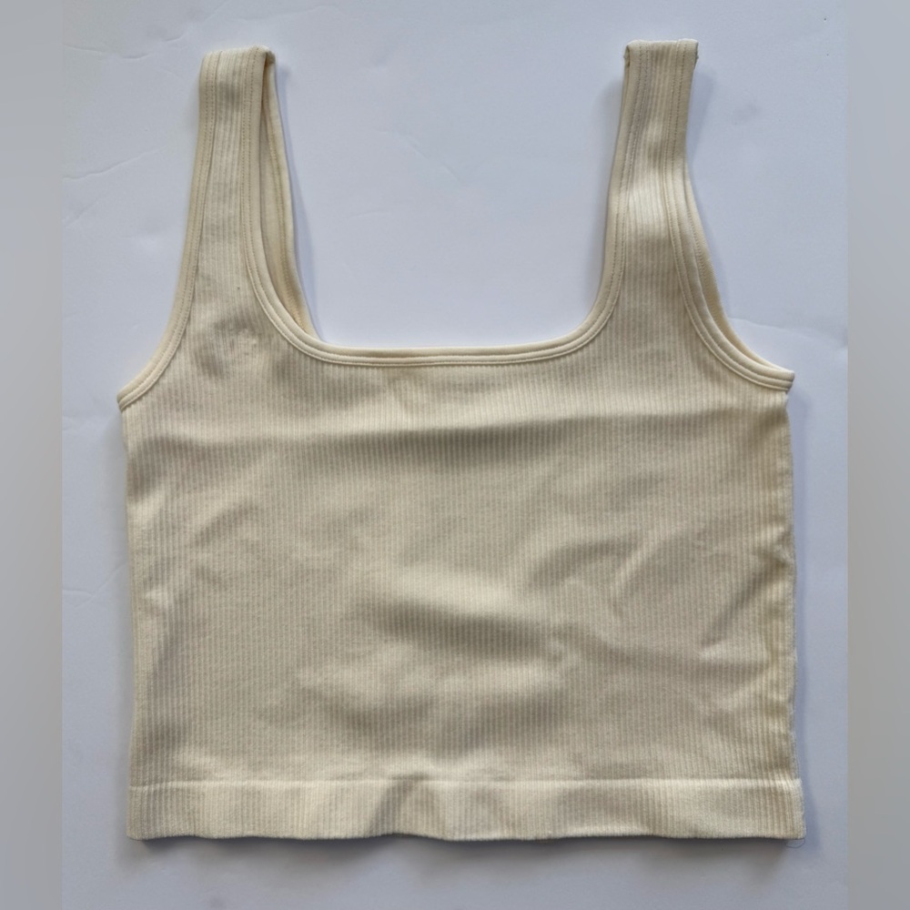Ribbed Crop Tank Top Beige Scoop Neck Size S